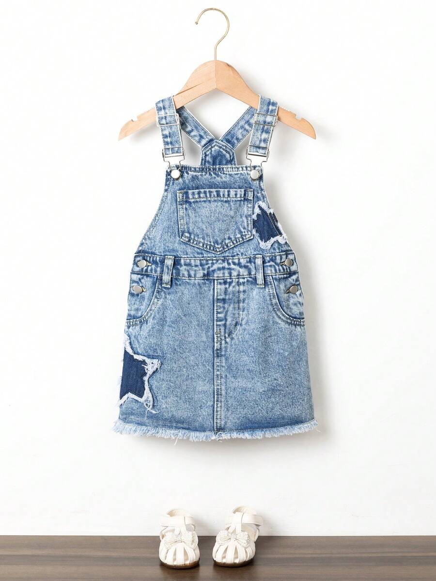 Denimly Girls Casual Denim Dress With Star Embroidery, Versatile Streetwear Jumper Dress With Adjustable Straps - Light Wash - View 1