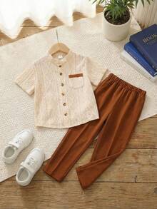 2pcs Young Boys Collared Short Sleeve Jacquard Knit Shirt With Pocket + Elastic Waist Wide Leg Pants Casual Suit, Brown & Khaki, Suitable For Spring/Summer Everyday Wear - Khaki - View 8
