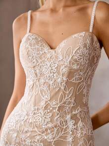 MOTF Soiréza WOMEN'S ELEGANT SEQUINS LACE EMBROIDERED MERMAID HEM SPAGHETTI STRAP DRESS - Beige - View 3