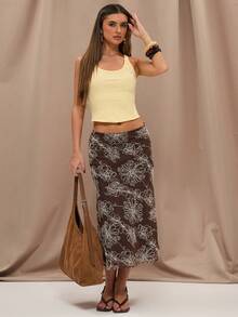 SHEIN BAE Women's Brown Embroidered Low Waist Skirt, Suitable For Beach Holidays And Daily Outings, Spring/Summer - Brown - View 4