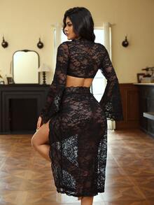 3件套女士性感蕾丝喇叭袖开衩长款连衣裙套装 - 黑色 - 查看 7