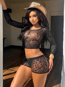 2pcs Bare Chapter Black Lace Sheer Sexy Lingerie Set, Creates Nude Alluring Ambiance, Paired With Leopard Print Elements For Unique Intimate Occasion Styling - Black - View 5