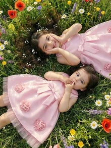 少女纯色蝴蝶结装饰优雅无袖连衣裙 - 粉色 - 查看 3