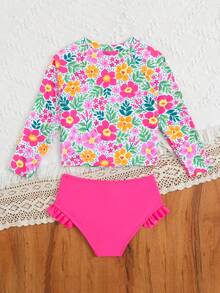 SHEIN GraphicGems 女童吊带泳衣，可爱粉色碎花针织面料无袖吊带泳装，时尚休闲优雅设计，适合游泳、夏季度假、海滩、泳池、假日派对。长袖泳衣套装，女童泳装两件套，女童防晒衣，粉色碎花泳衣。女童碎花泳衣，女童防晒衣两件套泳装，女童长袖粉色泳衣三件套。 - 玫紅色 - 查看 2