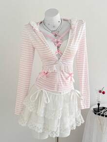 Elamini 女士粉色条纹针织天丝面料撞色白色蕾丝边粉色蝴蝶结装饰口袋开襟卫衣，春夏海滩度假休闲外向甜美可爱返校毕业典礼日常百搭 - 粉色 - 查看 3