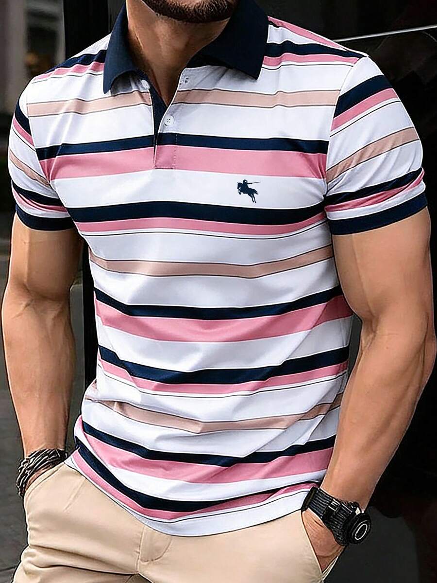 Calvornis 男士藍白條紋 Polo 衫,短袖夏季高爾夫球衫,休閒拼色老錢風 Polo 衫,戶外派對度假生日禮物,正式,儀式 - 粉色 - 查看 1