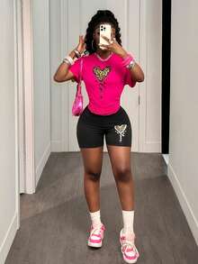 BamGleam 2pcs Women's Leopard Heart & Love Print Drop Shoulder T-Shirt Set - Casual Short Sleeve Tops For Spring & Summer, Perfect For Valentine's Day Gifts - Multicolor - View 6