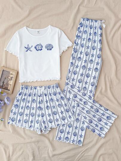 SHEIN Bộ 3 món cho bé gái tuổi teen, gồm áo thun ngắn tay cổ tròn in hình vỏ sò và sao biển + quần short/quần dài thắt nơ, kiểu dáng rộng rãi thoải mái.