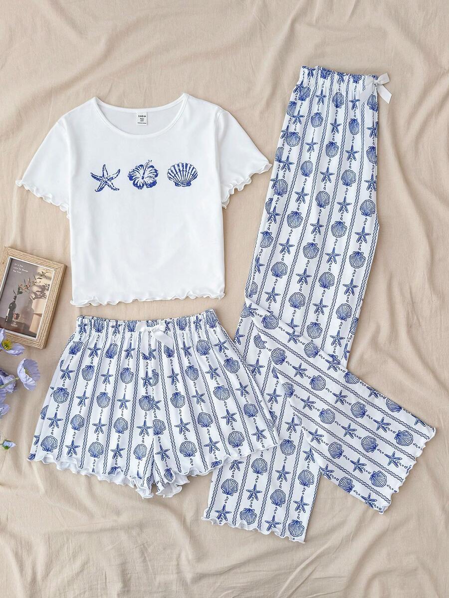 SHEIN Bộ 3 món cho bé gái tuổi teen, gồm áo thun ngắn tay cổ tròn in hình vỏ sò và sao biển + quần short/quần dài thắt nơ, kiểu dáng rộng rãi thoải mái. - Xanh và trắng - Xem 1