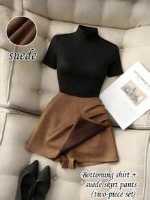 Franclia 优雅圆领修身高腰不对称褶皱拉链装饰两件套商务/办公通勤套装 - 黑色 - 查看 3