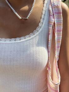 DAZY Women's Textured Fabric Lace Patchwork Casual Camisole - White - View 5