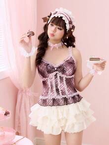 ROMWE Kawaii Women's Cute Lace Trim Bow Plaid Camisole - Pink - View 8