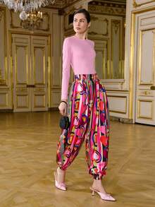 LOTSLUV Women's Valentine's Day, Heart Abstract Placement Print, Elastic Waist Ruched Balloon Leg Print Pants - Multicolor - View 4