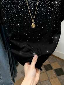 Resyla 1件女士时尚简约水钻装饰双色短袖圆领T恤，送朋友的礼物 - 黑色 - 查看 3