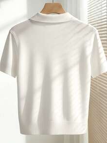 Franclia Women's Spring/Summer White Simple Everyday Collared Short-Sleeved Casual Slim Fit Knit Top, Suitable For Daily Wear, Summer Holiday, Spring, Elegant - White - View 2