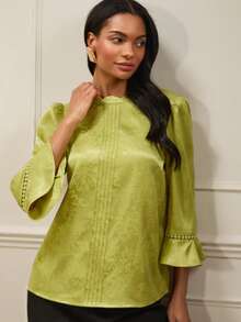 Lilora 女士优雅提花喇叭袖宽松圆领衬衫 - 綠色 - 查看 1