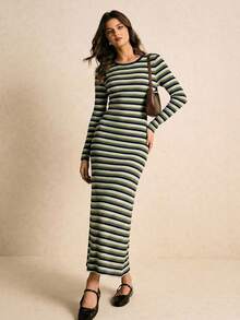 Poéselle 女士条纹圆领修身休闲长袖连衣裙 - 軍綠色 - 查看 3