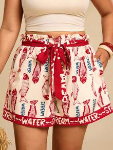 Travachic 大码女式字母鱼印花口袋宽松休闲短裤，适合春夏季节度假沙滩穿着，沙丁鱼图案印花短裤，度假短裤 - 彩色 - 查看 1