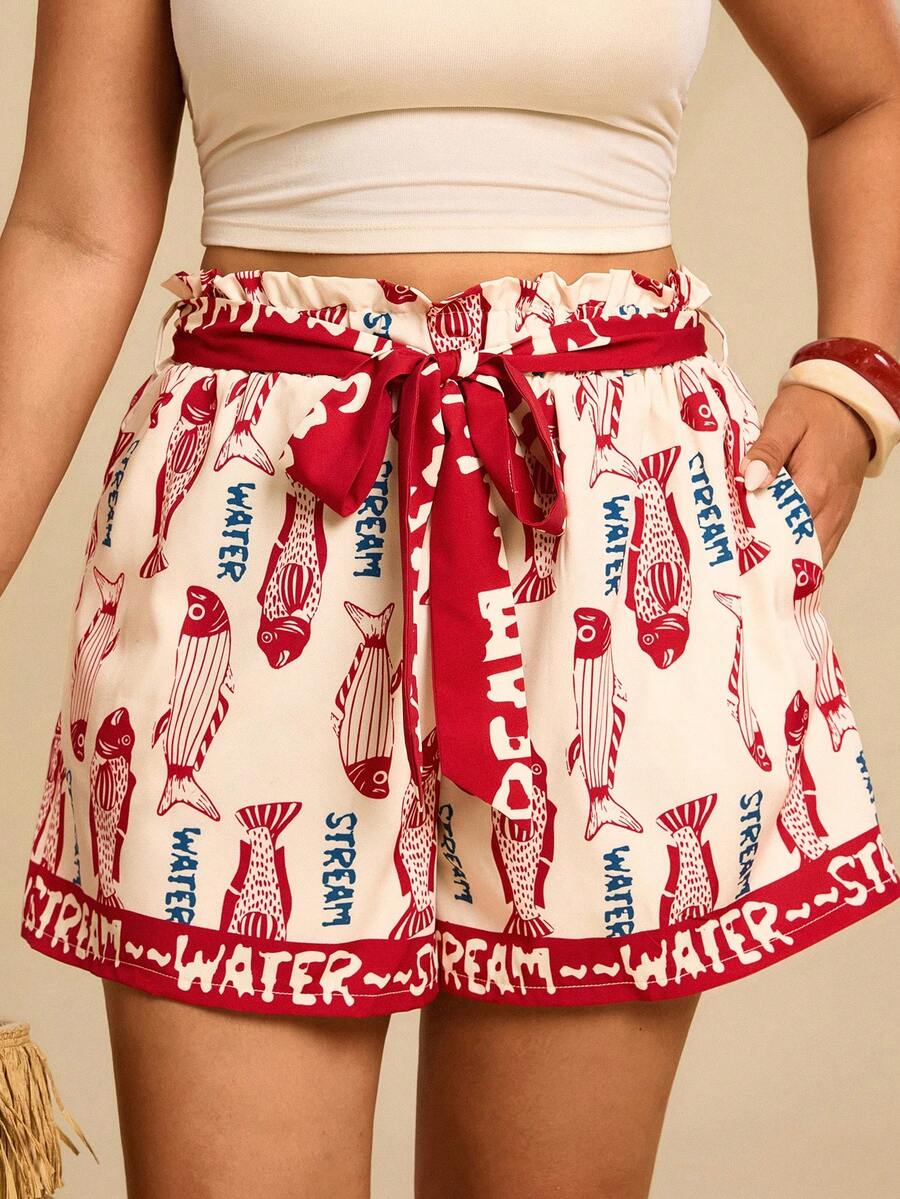 Travachic 大码女式字母鱼印花口袋宽松休闲短裤，适合春夏季节度假沙滩穿着，沙丁鱼图案印花短裤，度假短裤 - 彩色 - 查看 1