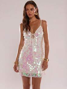 SHEIN BAE Đầm ngắn hai dây hở lưng đính sequin dành cho nữ, thời trang mùa hè. - trắng - Xem 5