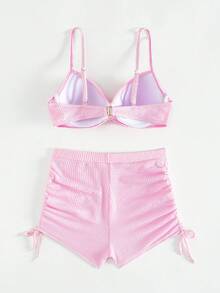 Zestiva Summer Beach Ladies' Front Tie Detail & Drawstring Bikini Set - Pink - View 2