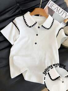 GlowEve Women's Floral Trim Polo Collar Short Sleeve Casual Versatile T-Shirt - White - View 3