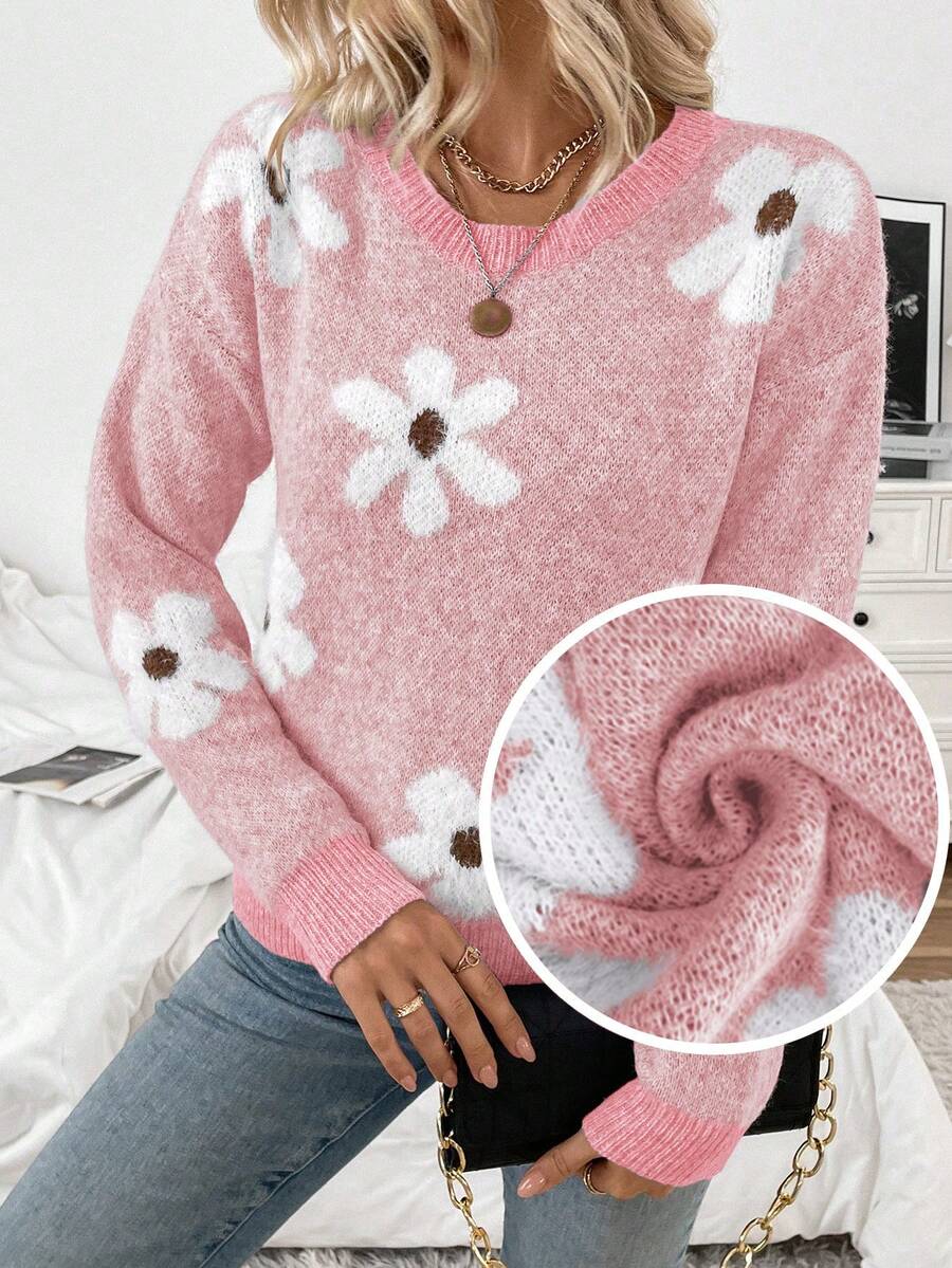 EMERY ROSE Women's Casual Fluffy Flower Pattern Round Neck Drop Shoulder Long Sleeve Knit Pullover Sweater, Autumn/Winter - Pink - View 1