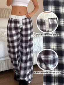 Dream Adore Women's Plaid & Bubble Print Faux Button Pajama Pants - Black - View 2