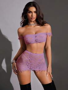 SHEIN 两件套红色性感露肩短款上衣和迷你裙套装，心形图案，适合度假、派对、情侣穿着 - 淡紫色 - 查看 5