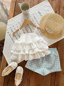 SHEIN LMoss Kids 女宝宝夏季可爱度假荷叶边吊带背心和格子短裤套装 - 綠色 - 查看 2