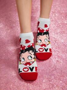 Betty Boop x SHEIN 2 Pairs Soft & Breathable Moisture-Wicking Casual Ankle Socks With Bat Pattern Fashionable Cool Black & White Short Socks Reinforced Toe & Heel For Durabiliy Unisex For Men & Women All Season All-Match Summer Winter,Graphics Socks,Gift Ideas,Party,Holiday,Valentine's Day - Multicolor - View 6