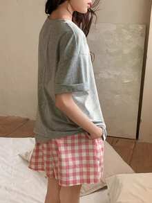 DAZY 少女舒适纯色落肩短袖T恤和格子短裤睡衣套装，夏季 - 灰色 - 查看 7