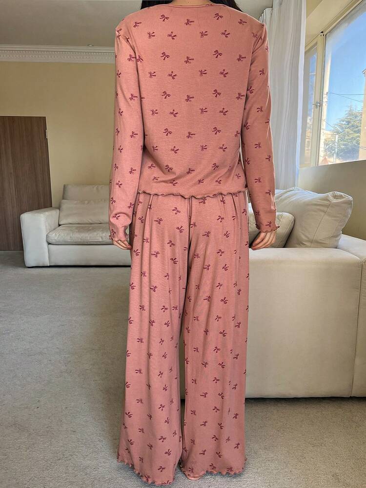 2pcs Knitted Butterfly Print Cardigan Long Sleeve & Pants Pajama Set For Women, Autumn