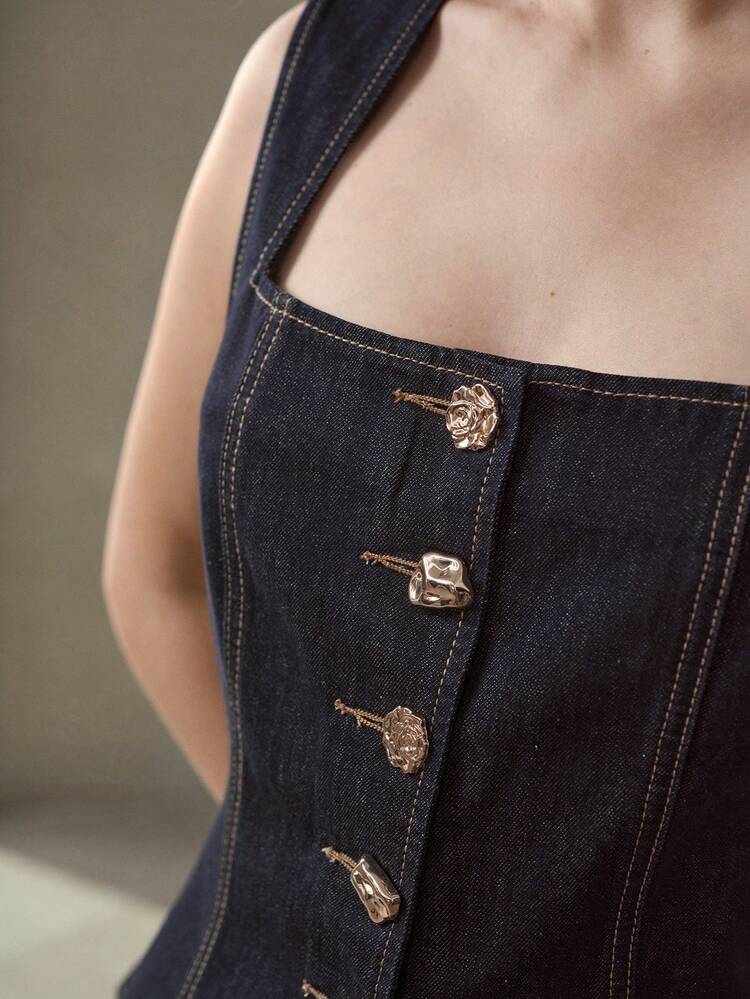 FRONT BUTTON CLOSURE WAIST CINCHED DENIM TOP