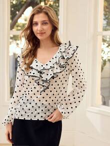MOTF PREMIUM POLKA DOT PRINT RUFFLE TRIM TOP - Black and White - View 4