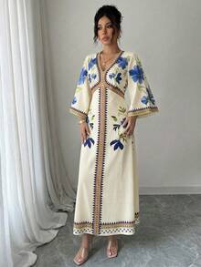 Yasmyna 女士优雅通勤印花喇叭袖连衣裙 - 藍色 - 查看 5