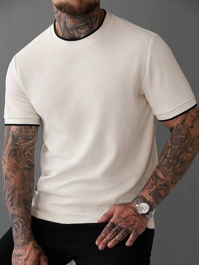 Manfinity Homme Camiseta casual de cuello redondo de manga corta con contraste de color para hombres