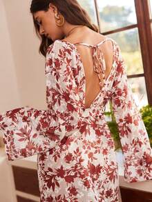 Bohemian Vacation Plant Lace Print Deep V-Neck Robe - Brown - View 1