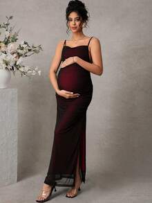 Momance 孕妇纯色网纱拼接优雅派对鸡尾酒礼服 - 酒紅色 - 查看 4