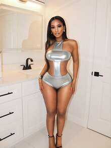 BamGleam 女士性感镂空设计露背连体衣 - 銀色 - 查看 4