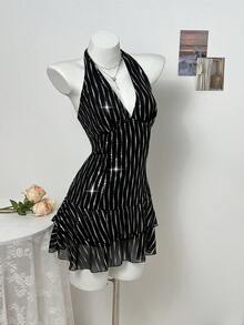 Elamini Women's Rhinestone Embellished Ruffle Hem Halter Neck Dress Black And Silver Dress Black And White Dress Women Black See Through Dress Halter Dress Women's Party Dress - Black - View 5