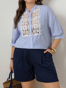 Zelara Plus Size Fabric Lace Hollow Out Sleeve Blouse Blouses For Women Casual Elegant Preppystyle French Style Blouse - Blue and White - View 2