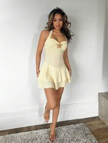 RebeccaVibe Women's New Spring Summer Suitable For Beach Vacation Elegant Textured Fabric Halter Tie Front Ruched Bust Metal Decor Layered Ruffle Hem Playful Mini Dress - Yellow - View 1