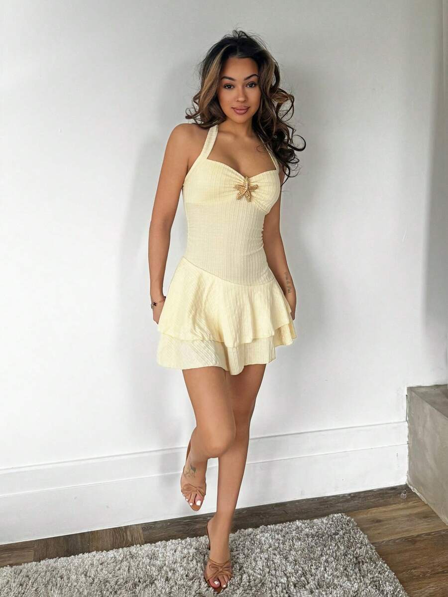 RebeccaVibe Women's New Spring Summer Suitable For Beach Vacation Elegant Textured Fabric Halter Tie Front Ruched Bust Metal Decor Layered Ruffle Hem Playful Mini Dress - Yellow - View 1