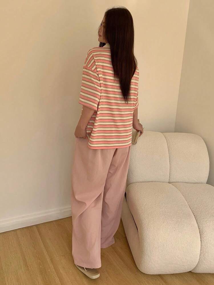 Dazy Plus 大码舒适条纹落肩短袖上衣和裤子睡衣套装，夏季 - 粉色 - 查看 2