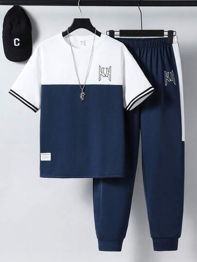 Vacaura 2件套青少年男童休闲撞色拼接字母印花T恤和运动裤套装