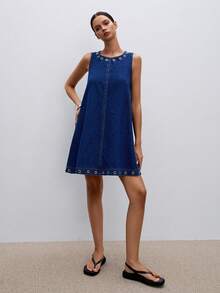 ATUI Studio Women's Round Neck Sleeveless Loose Fit Denim Dress - Blue - View 4