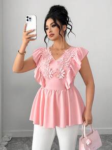 Elenzga 大码女式春夏印花V领收腰喇叭下摆休闲衬衫，优雅女式上衣，适合新年聚会、派对、度假、海滩、毕业典礼、节日、情人节、音乐节、母亲节、万圣节、感恩节、复活节、国庆节、舞会、约会、婚礼、郊游等场合。粉色女式衬衫，优雅粉色印花上衣，娃娃衫式上衣，粉色荷叶边上衣，女士粉色 - 粉色 - 查看 7