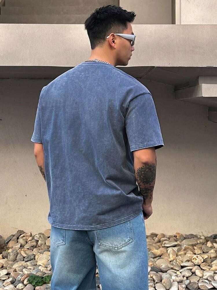 Men's Letter Print Washed Vintage Street Style T-Shirt, Summer