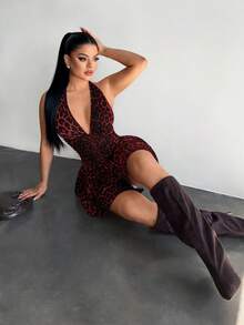 SHEIN SXY 豹纹荷叶边露背无袖连衣裙 - 紅色 - 查看 3